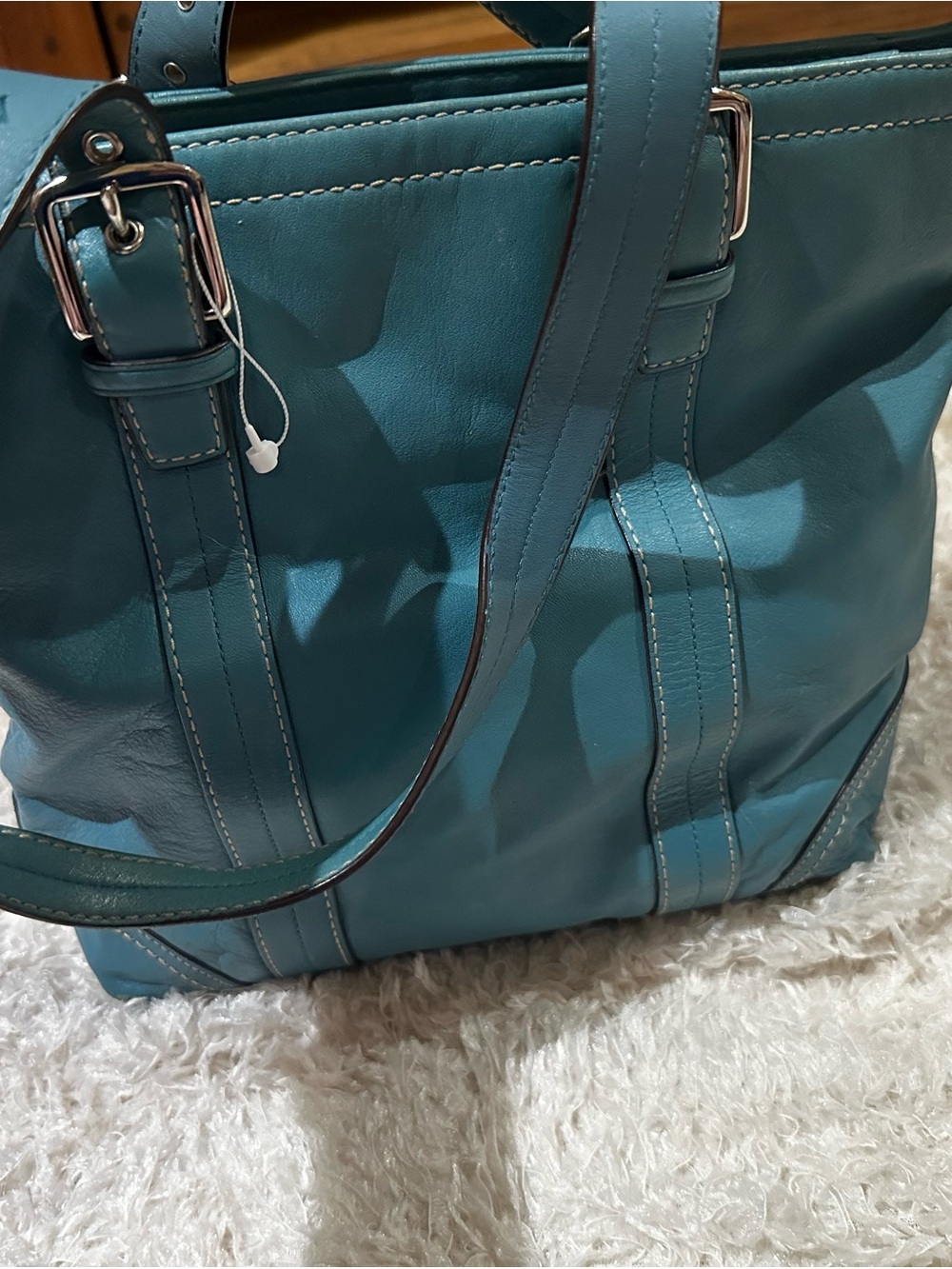 Coach Teal Leather Shoulder Bag with Dual Buckle Straps - Picture 3 of 5